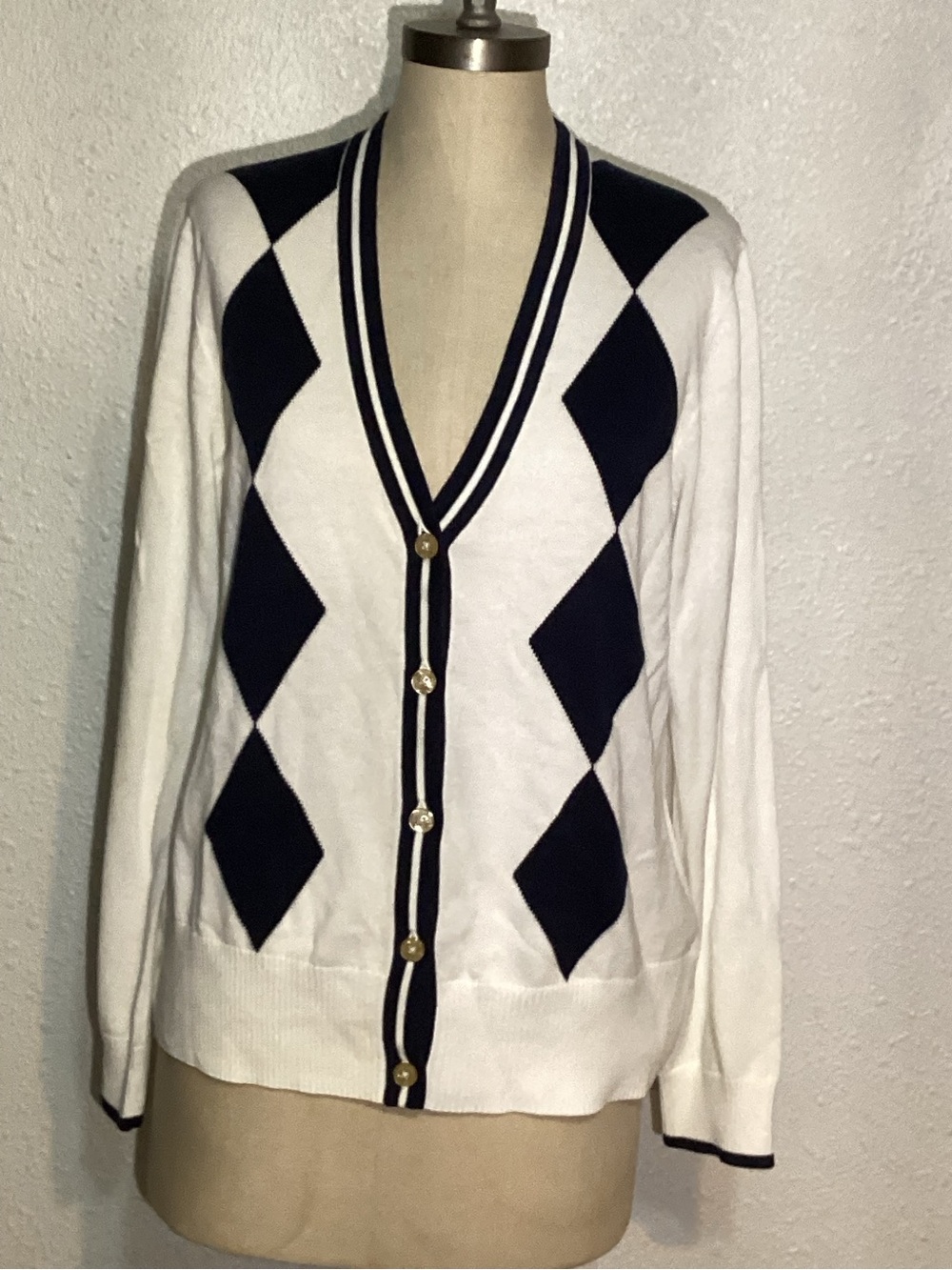 Brooks brothers Classic White and Navy Argyle Cardigan Sweater - Women's